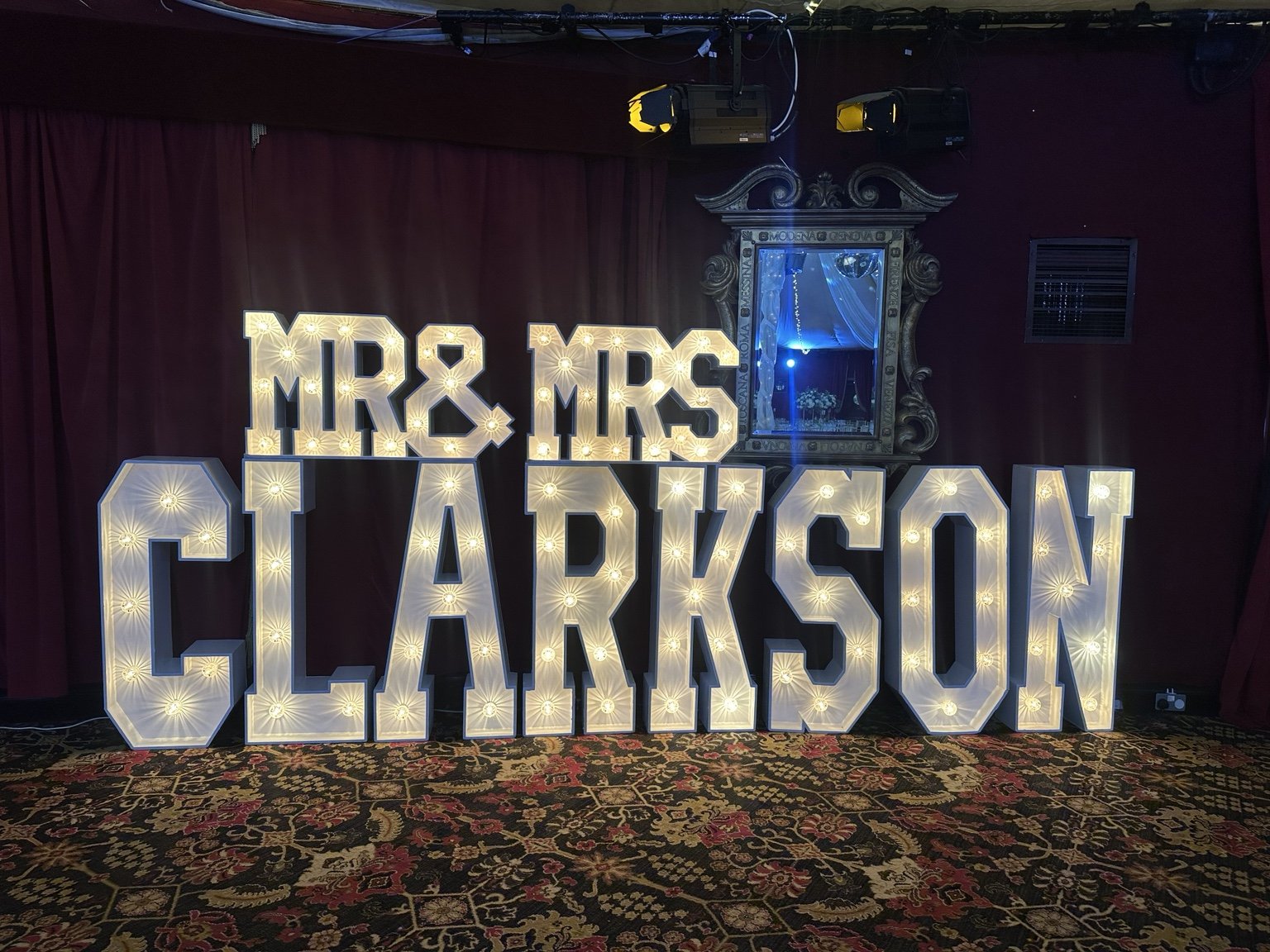 Wedding surname and MR and MRS light-up letter hire Dunfermline