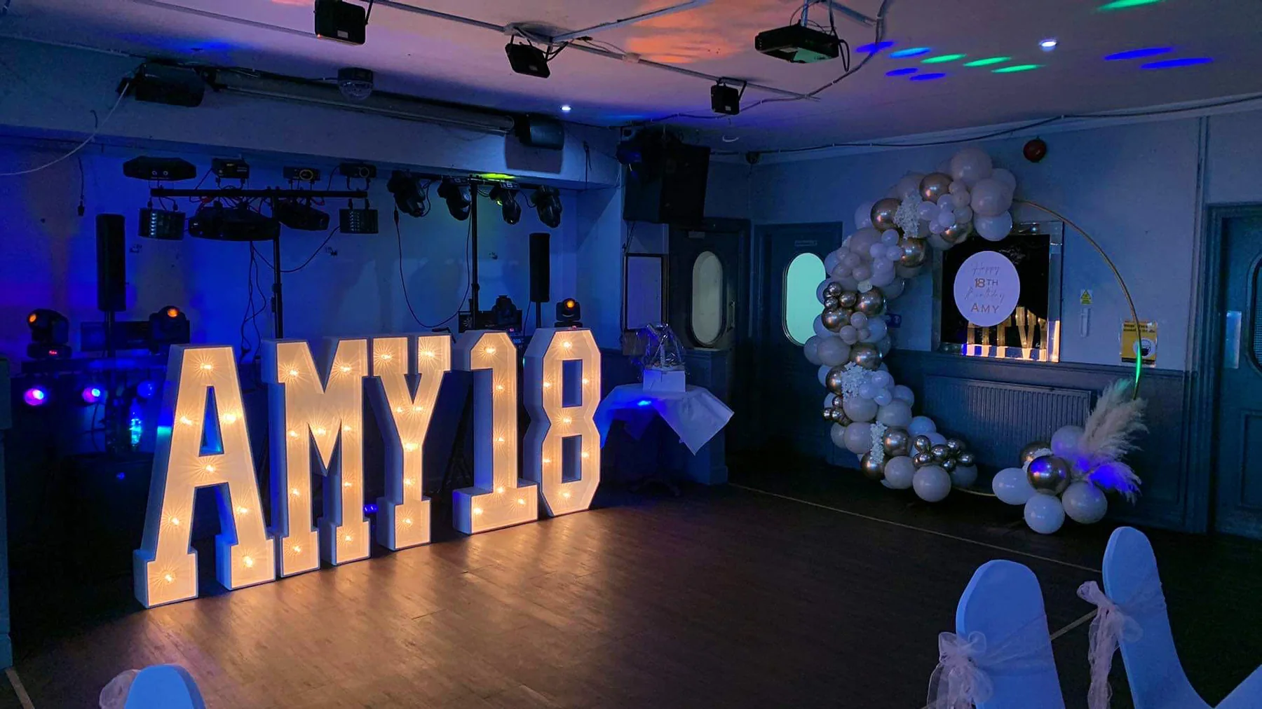 Personalised AMY 18 light-up letters at an 18th birthday celebration in Scotland