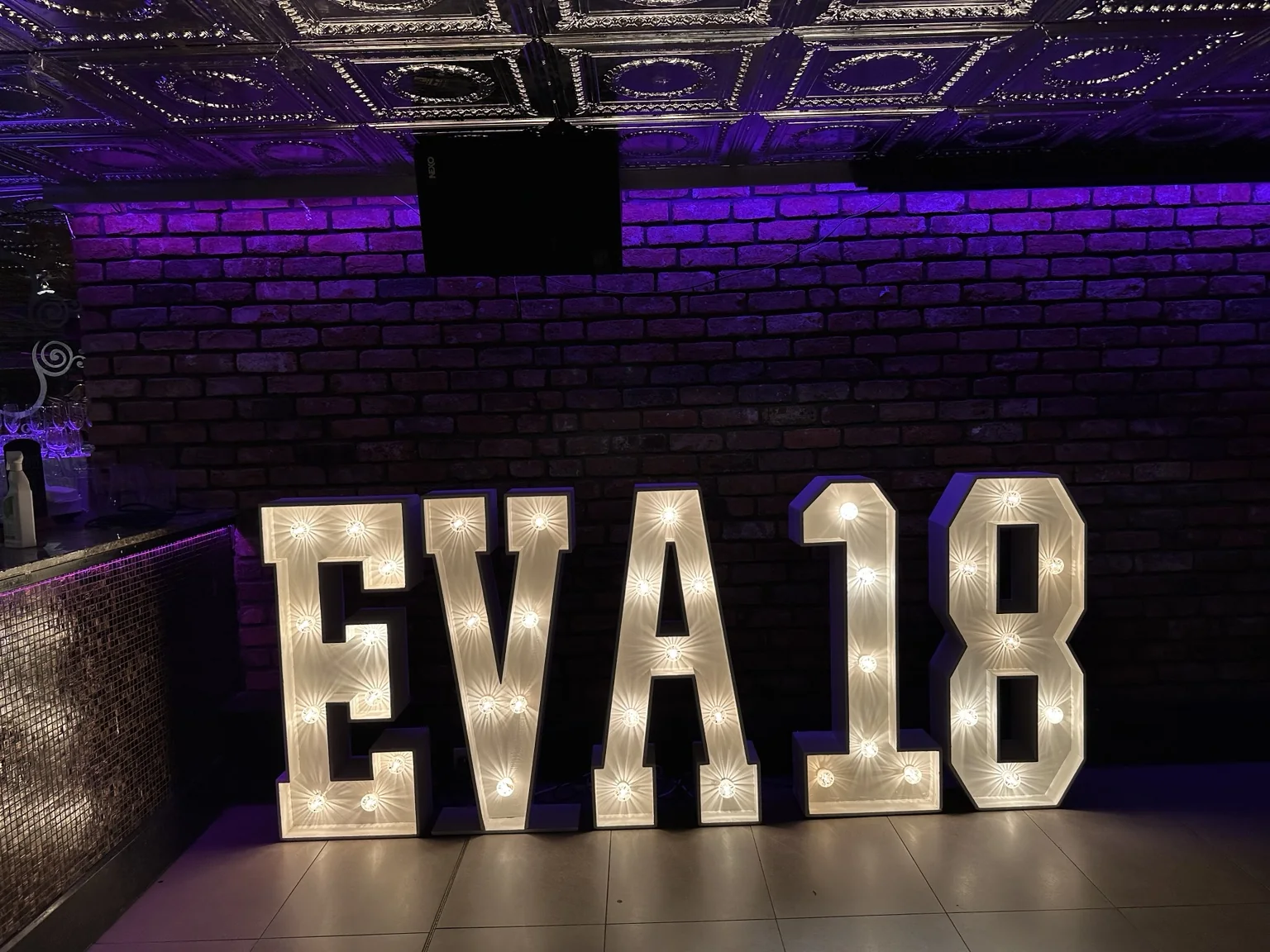 EVA18 light-up birthday letters and numbers at Angels Share and Devil's Cut Edinburgh