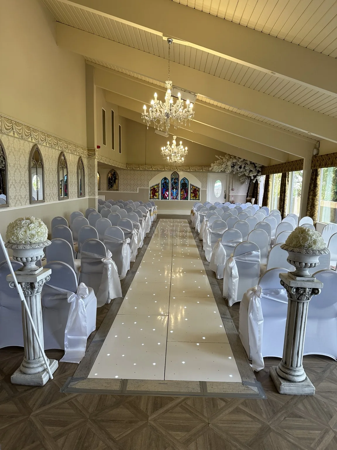 Wedding ceremony aisle at Barony Castle Ceremony aisle and starlit floor prepared at Barony Castle Hotel