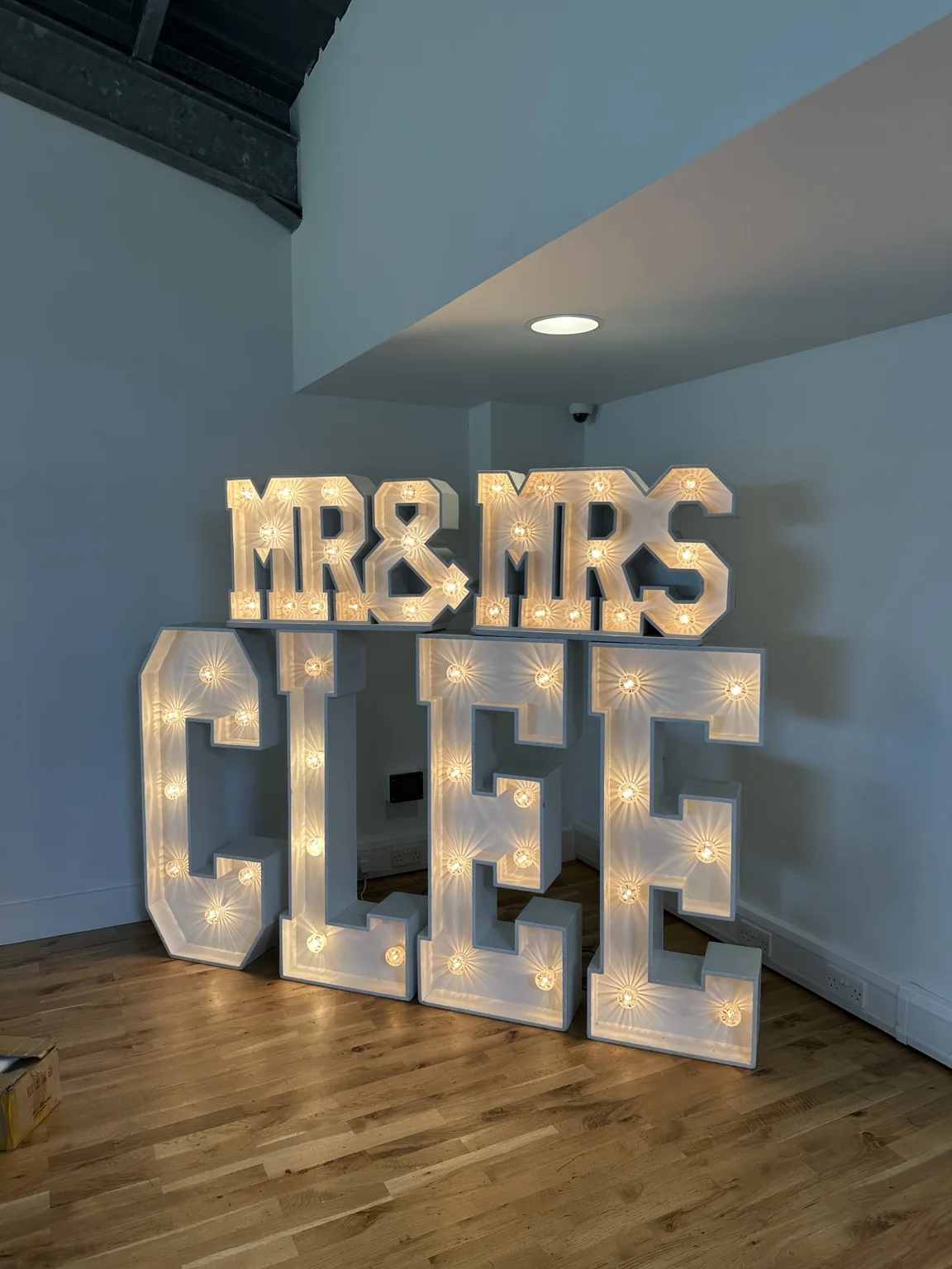 Personalised MR and MRS CLEE light-up letters at Cairndale Hotel & Spa in Dumfries