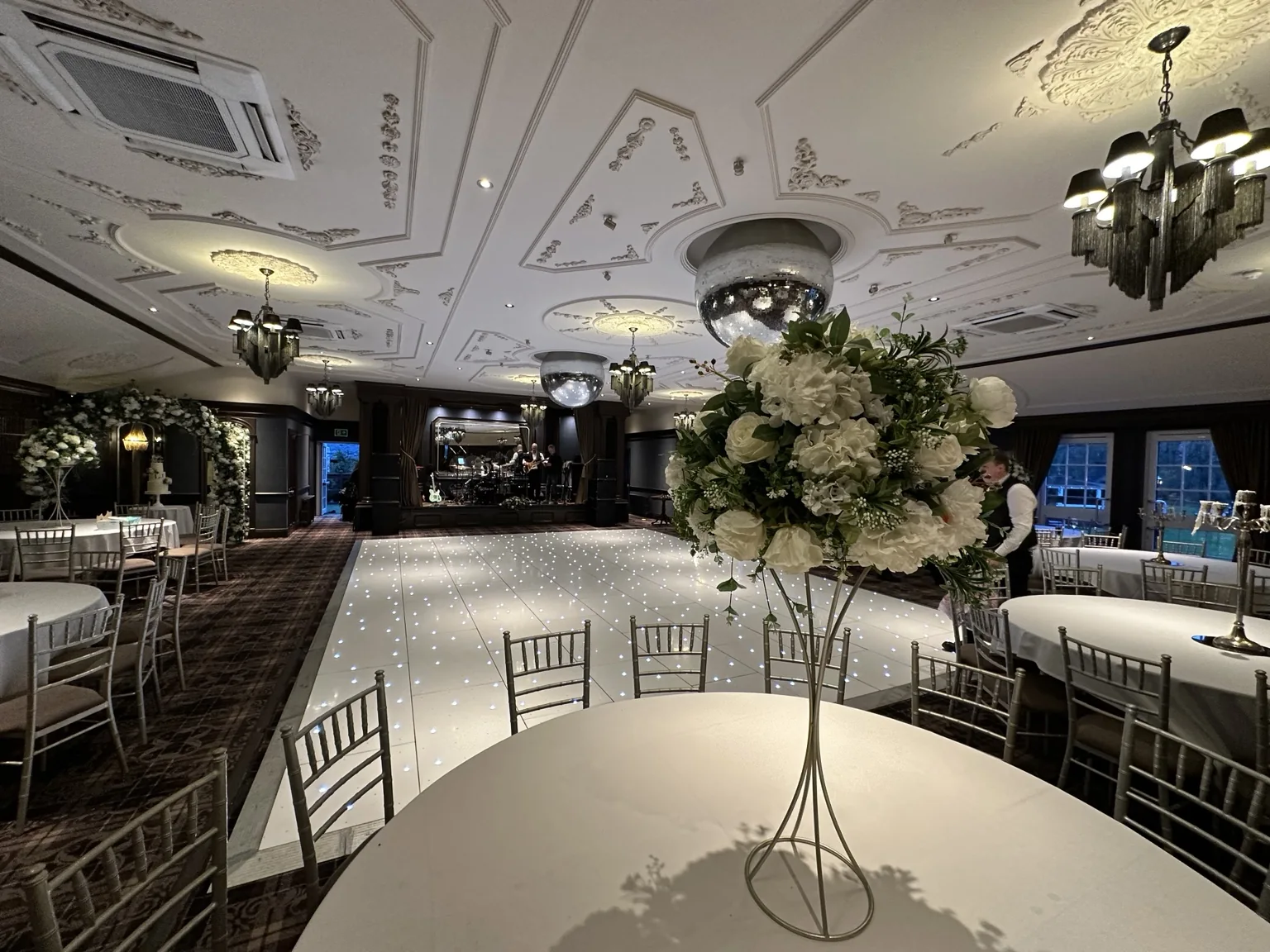 Cornhill Castle reception styling with a white starlit dance floor