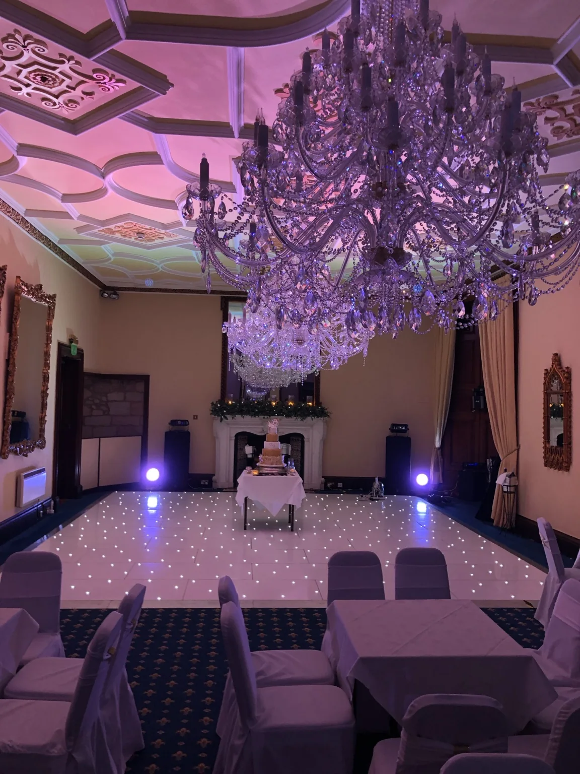 Wide view of the Instapic white LED dance floor at Dalhousie Castle