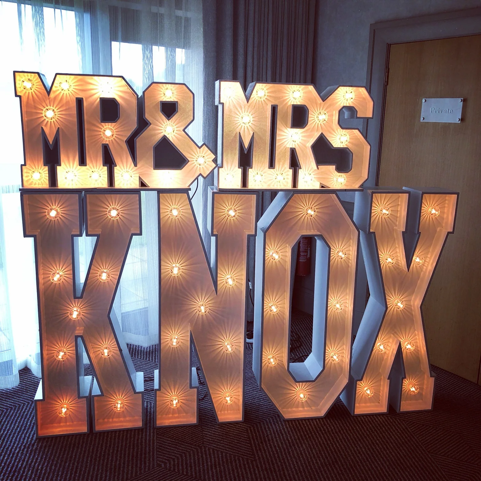 Personalised KNOX illuminated wedding letters at DoubleTree by Hilton Edinburgh Airport