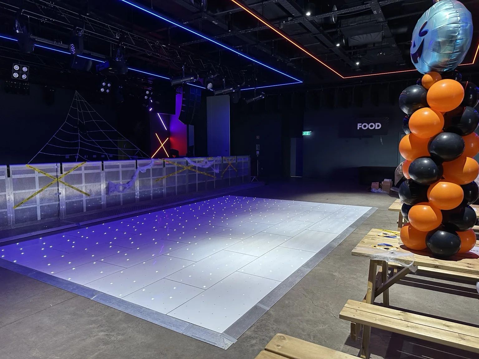 White starlit dance floor installed for a themed event at Edmiston House