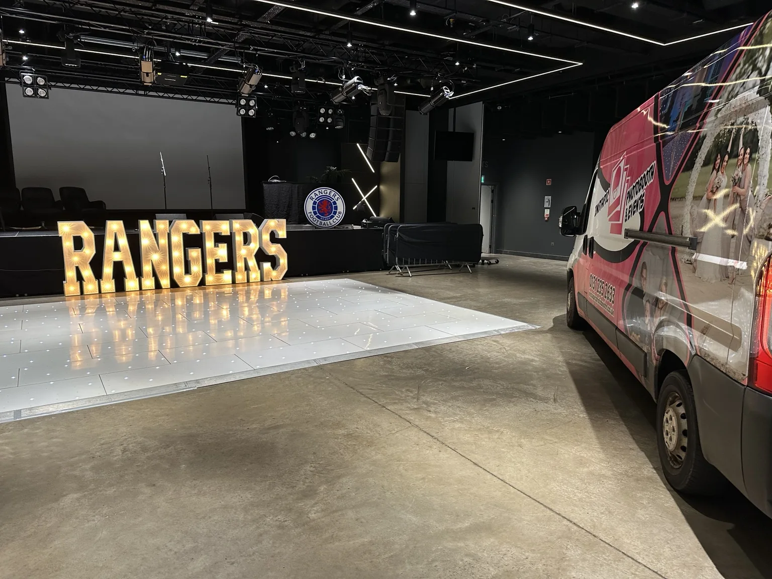 RANGERS illuminated letters with an Instapic dance floor at Ibrox