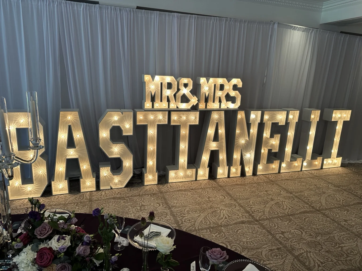 Personalised CASTANELLI light-up wedding letters at Marshall Meadows Manor House
