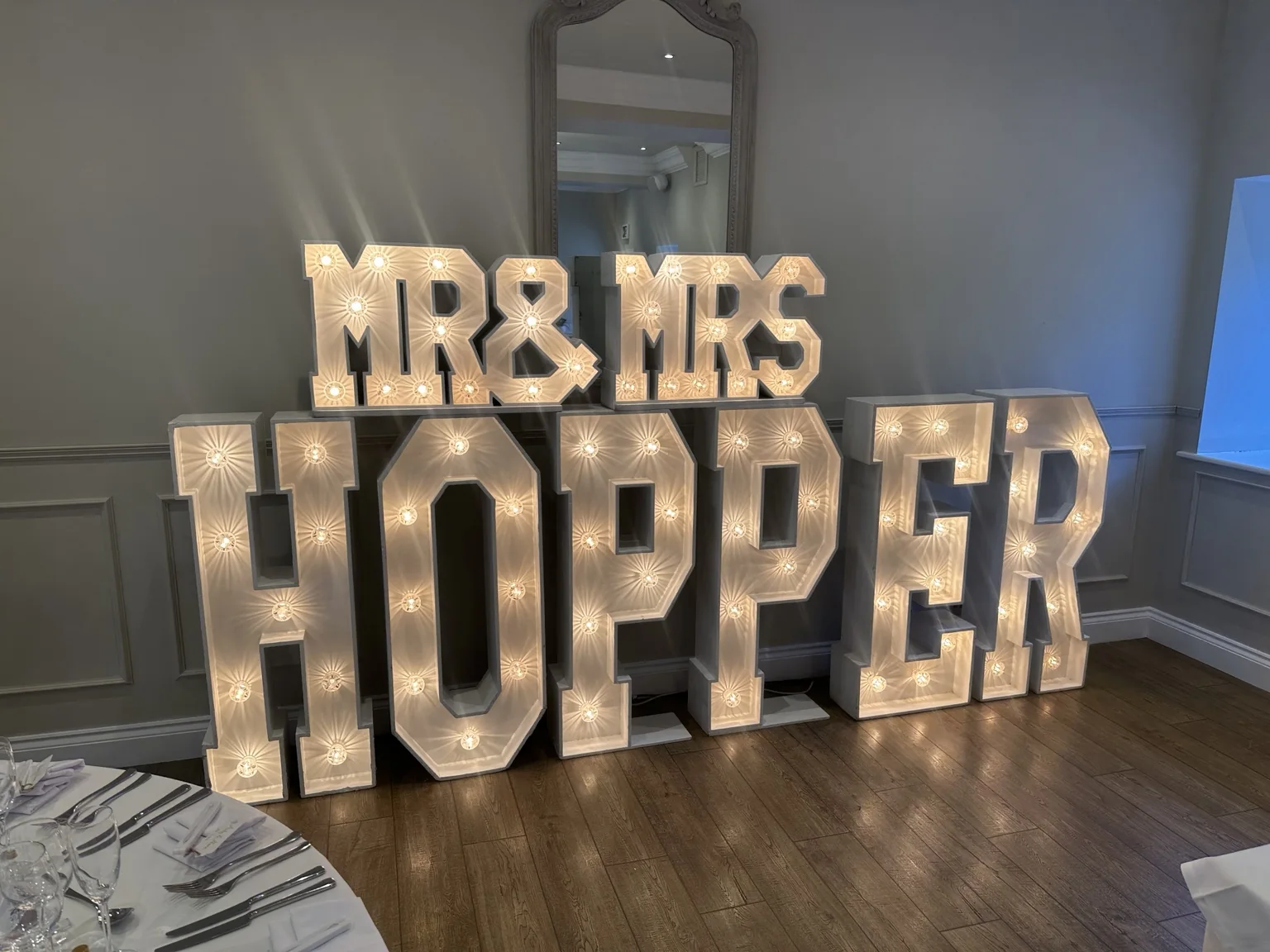 Personalised HOPPER light-up wedding letters at Marshall Meadows Manor House