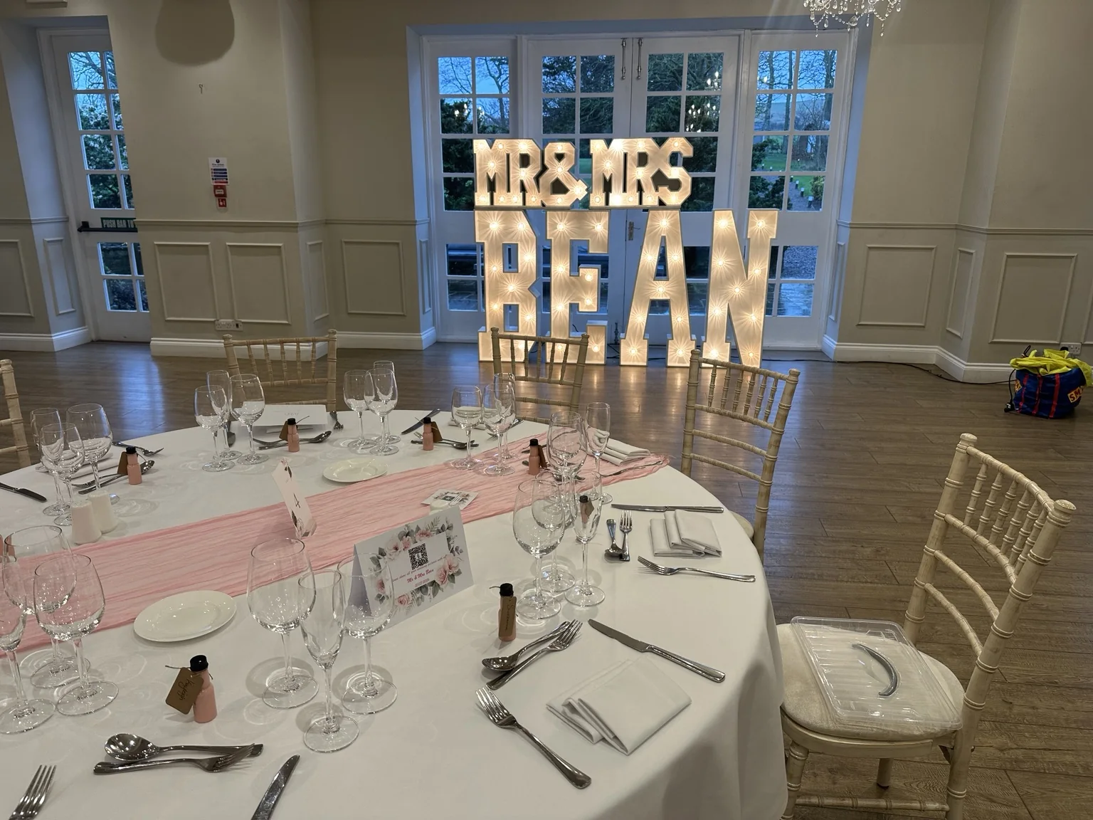 Personalised REGAN light-up wedding letters at Marshall Meadows Manor House