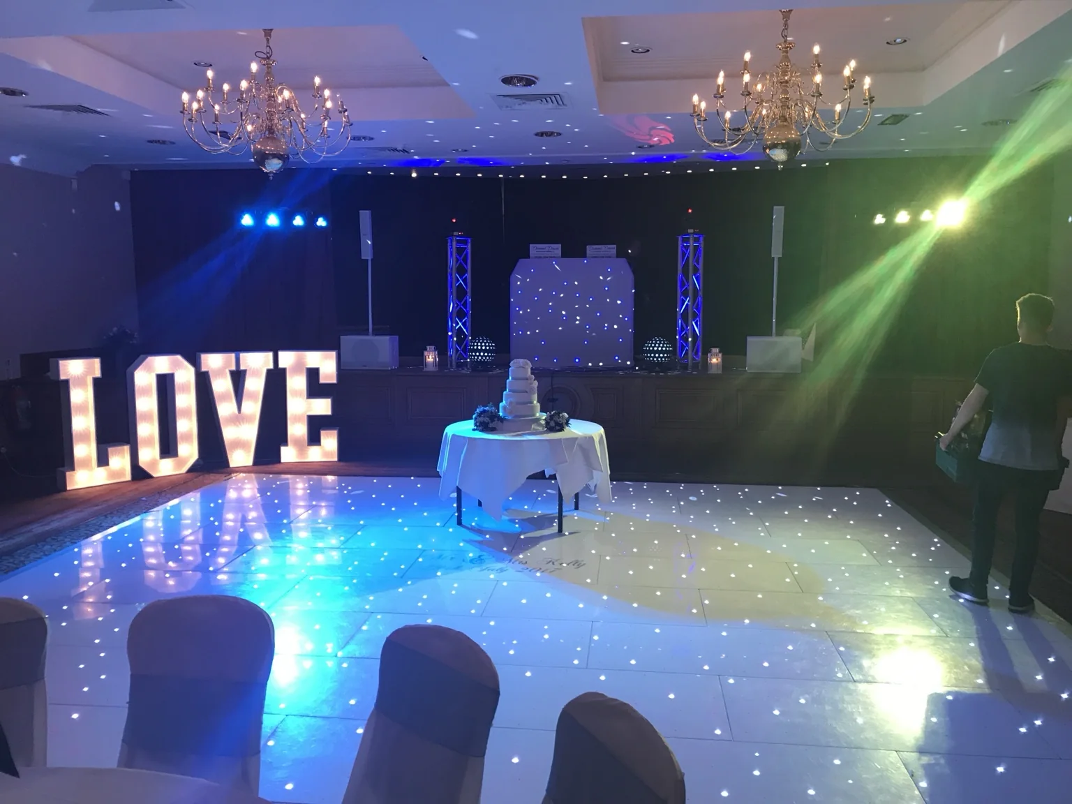 White starlit LED dance floor with LOVE letters at Norton House Hotel & Spa near Edinburgh