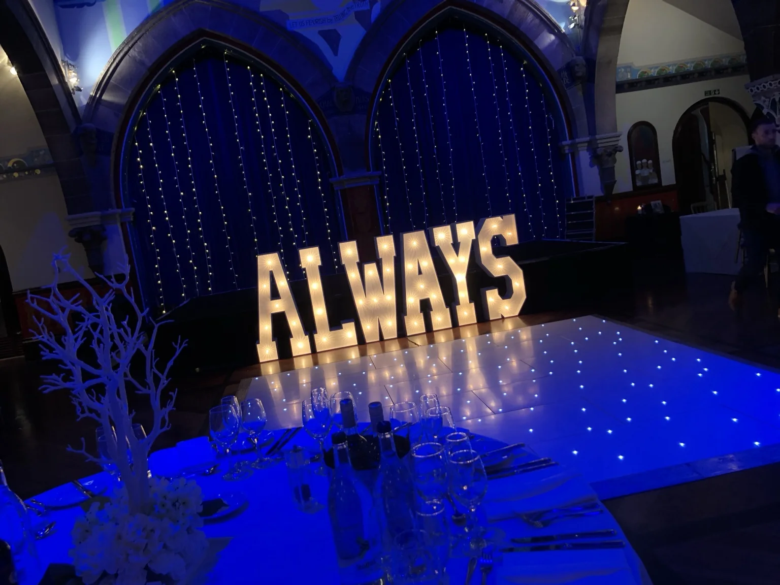 ALWAYS light-up letters beneath the arched interior of Òran Mór in Glasgow