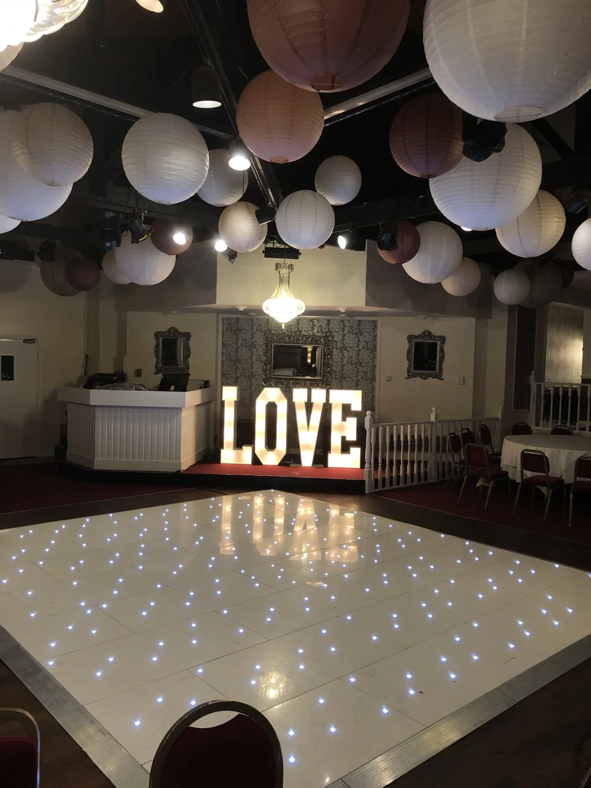 LOVE light-up letters and a white starlit LED dance floor at The Three Kings Falkirk