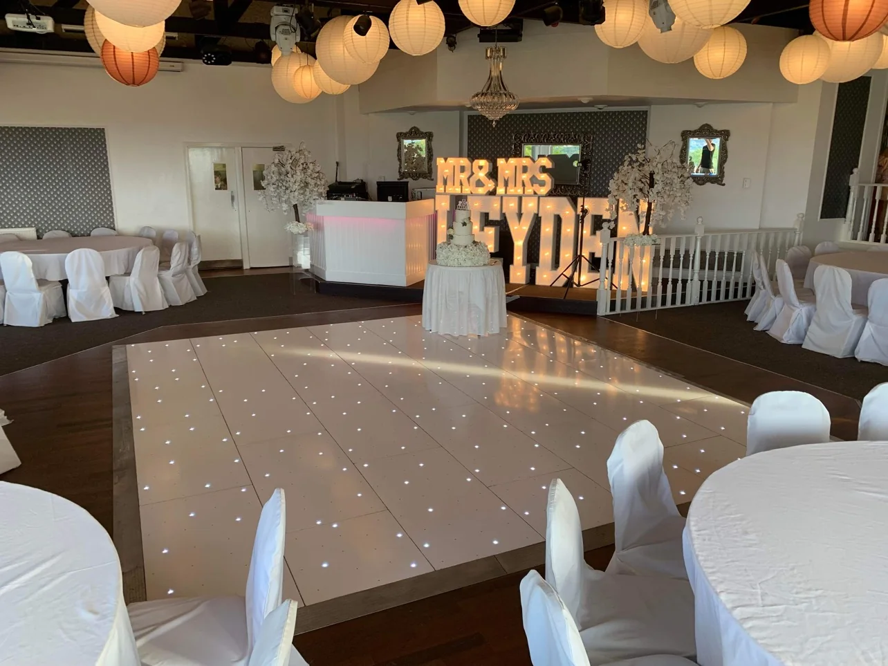 MR and MRS light-up letters with a white LED dance floor at The Three Kings Falkirk