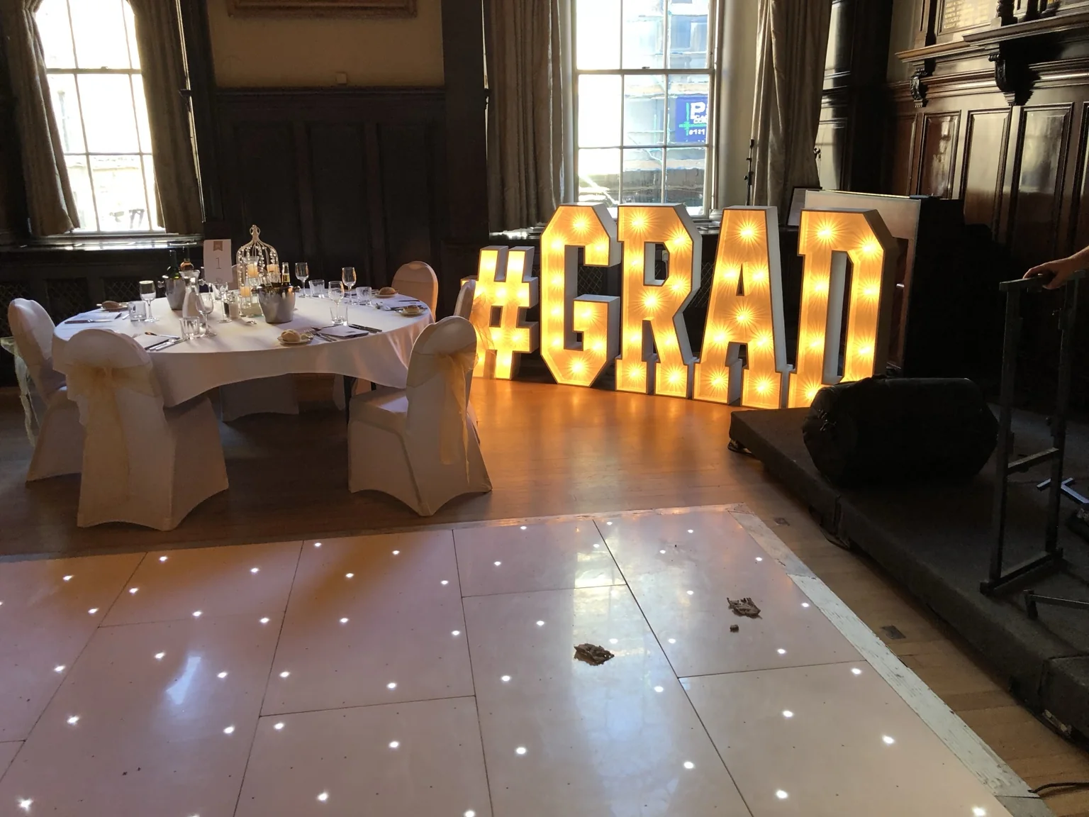 Graduation light-up letters at Trades Hall Glasgow